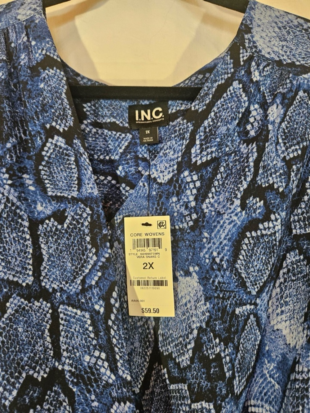 INC International Concepts Blue and Black Snake Print Blouse